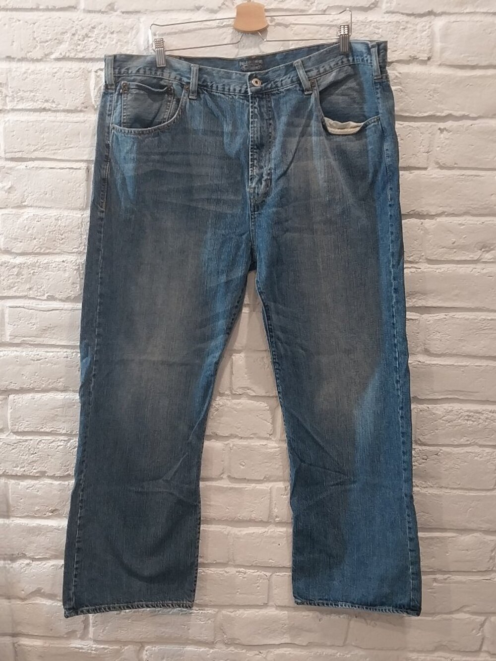 Ralph Lauren Polo Jeans Mens 42x30 Blue Med Wash Faded Denin Whiskers Straight,
